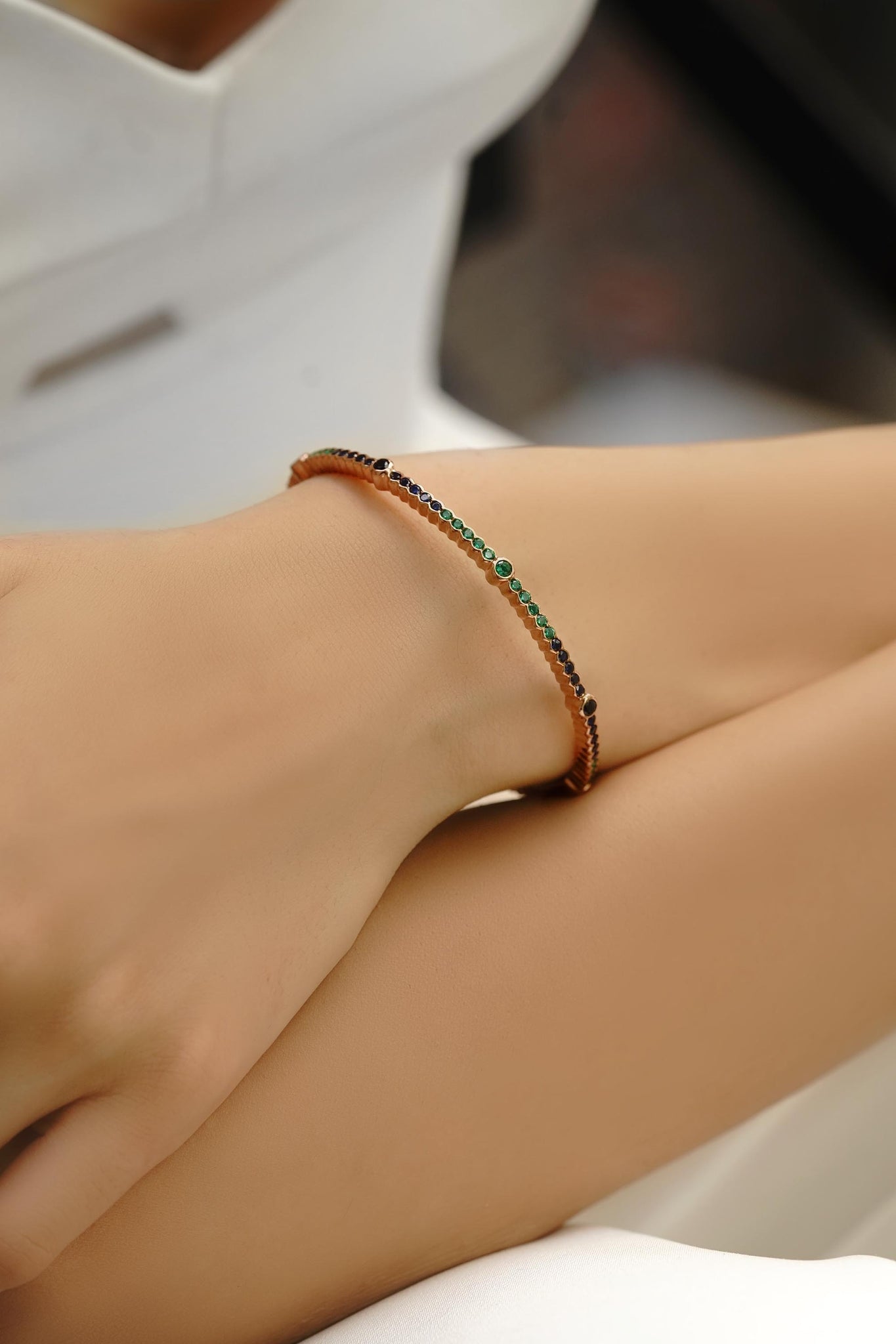 The Elegance Bangle - Blue Sapphire / Green Quartz